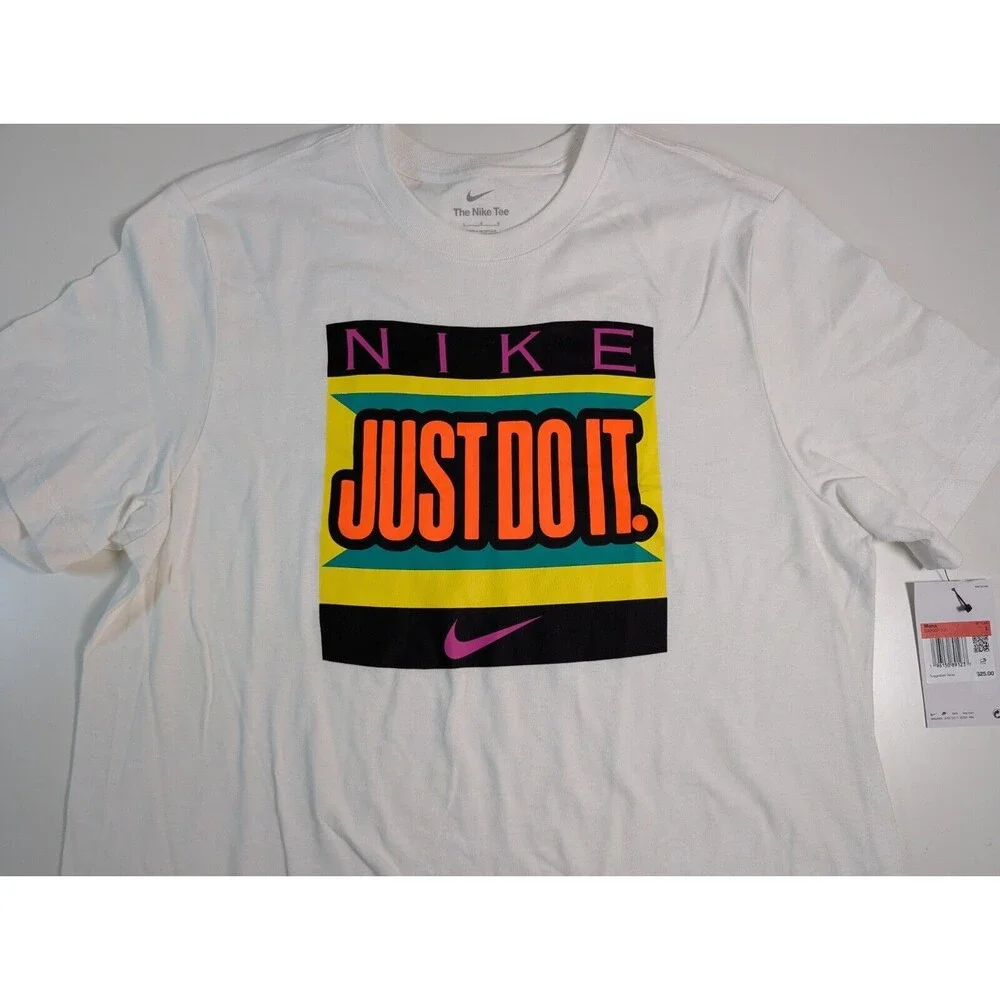 Nike Dri-Fit TShirt Mens White Center Swoosh Logo 80's Vibe Just Do It Sz Large